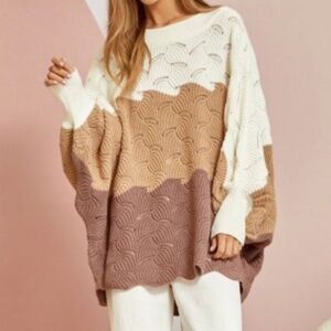 Andree Color Block Batwing Sweater with Eyelet Detail and Oversized Fit